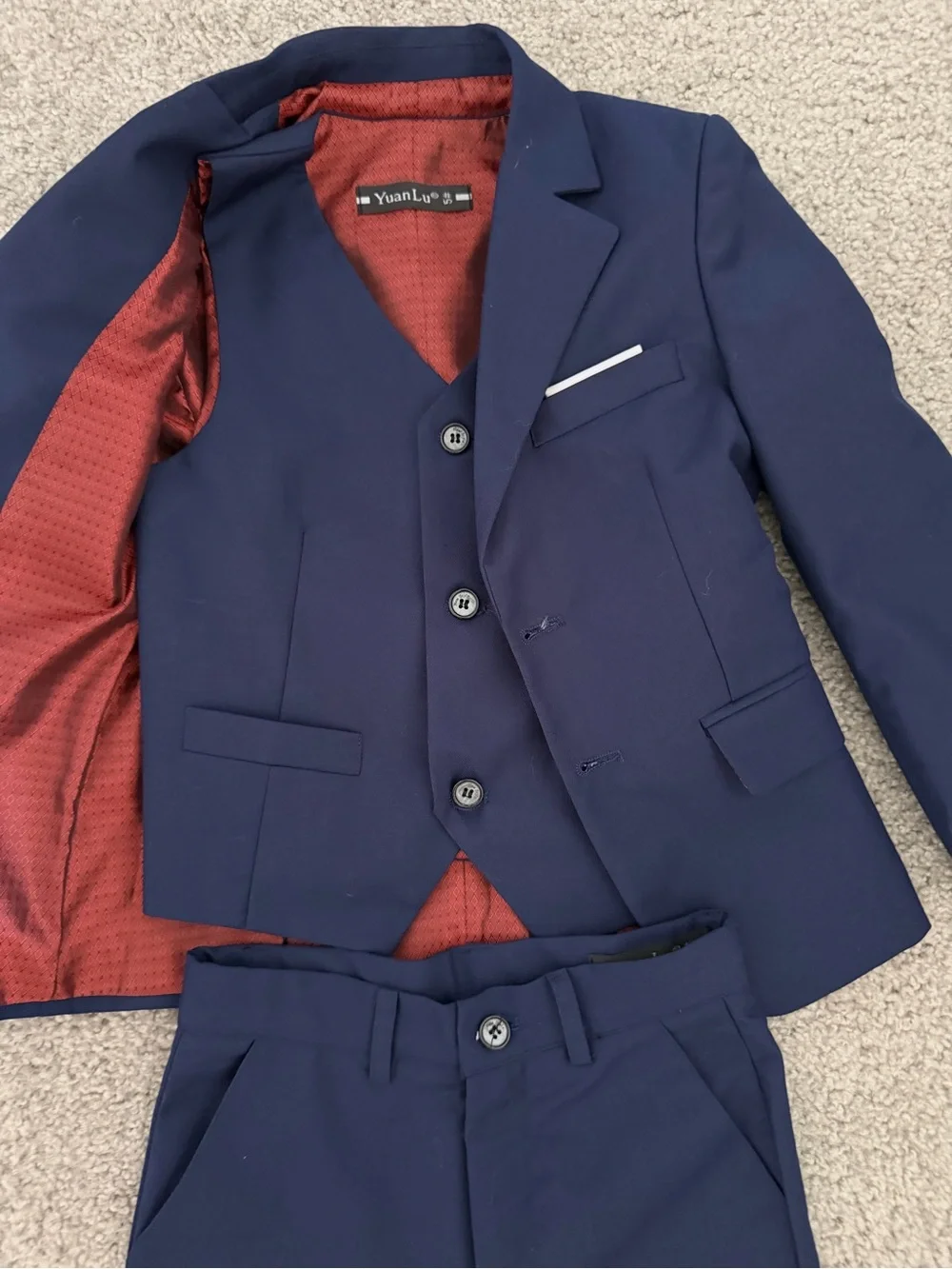 Boys Navy 3-Piece Dress Suit Set with Red Lining